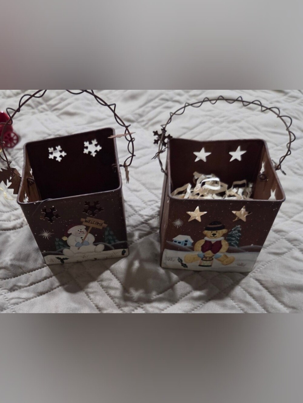 Vintage 90s Snowman Santa bear rustic Metal Christmas Candle Holder Set